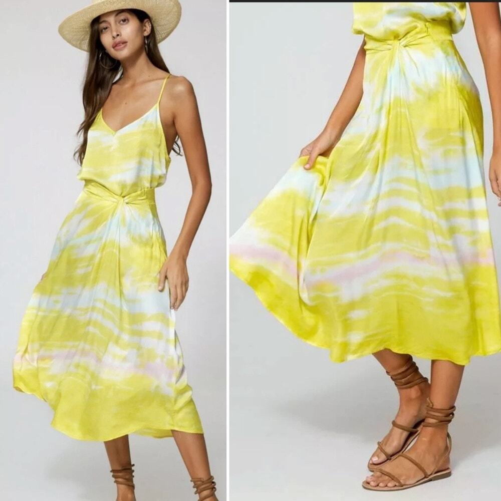 YFB Young Fabulous & Broke Savannah Satin Yellow Tie Dye Midi Skirt Sz MED
